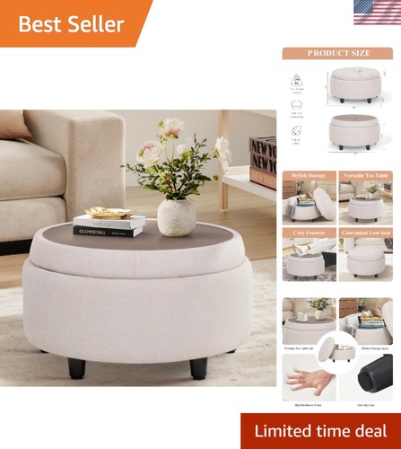 Fabric round storage ottoman - fabric,
