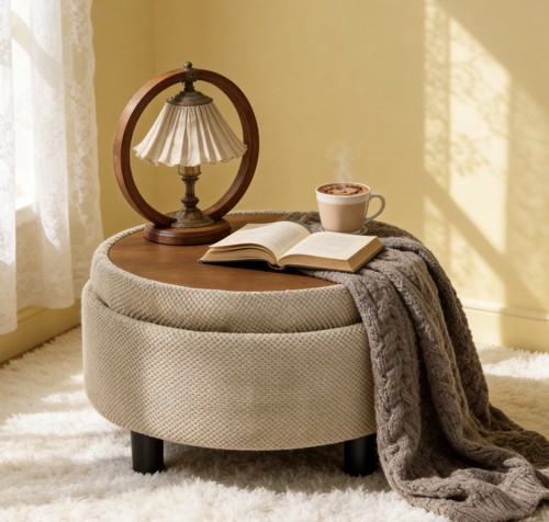 Round storage ottoman with - round,